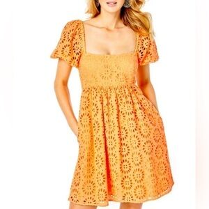 Lilly Pulitzer Kay Babydoll Dress in Cantaloupe Oversized Pinwheel Eyelet